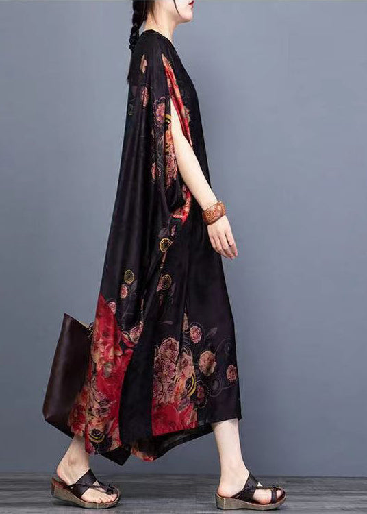 Black O-neck Print Chiffon Vacation Dresses Batwing Sleeve