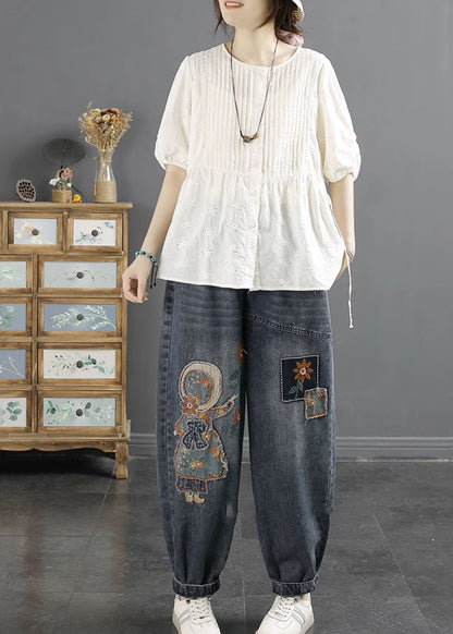 Navy Embroideried Applique Denim Harem Pants Winter