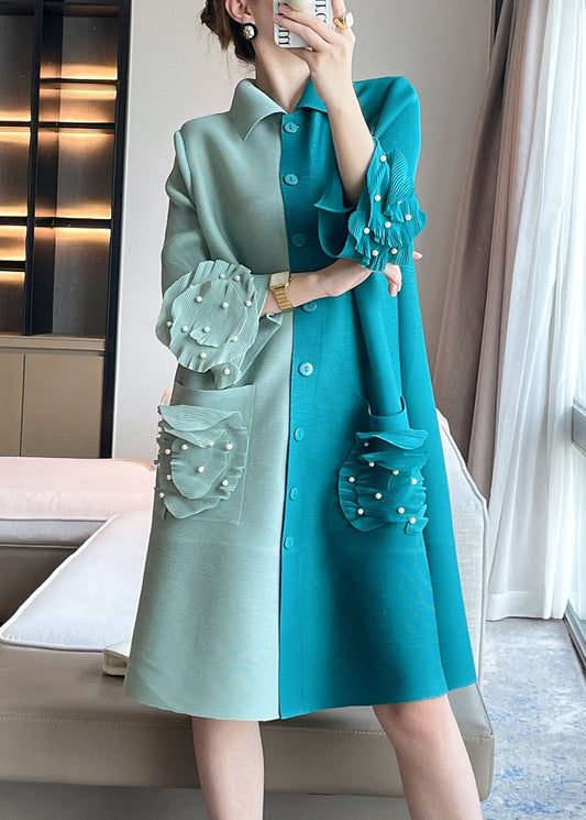 Stylish Green Wrinkled Nail Bead Patchwork Cotton Mid Dresses Butterfly Sleeve