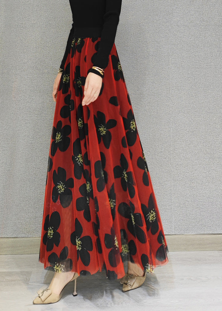 Red Elastic Waist Draping Tulle a Line Skirt Spring