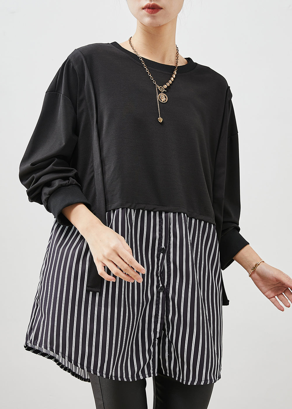 Black Oversized Patchwork Striped Cotton Sweatshirt Spring