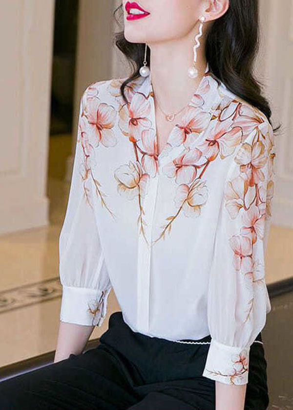 White V Neck Print Patchwork Silk Shirt Top Summer
