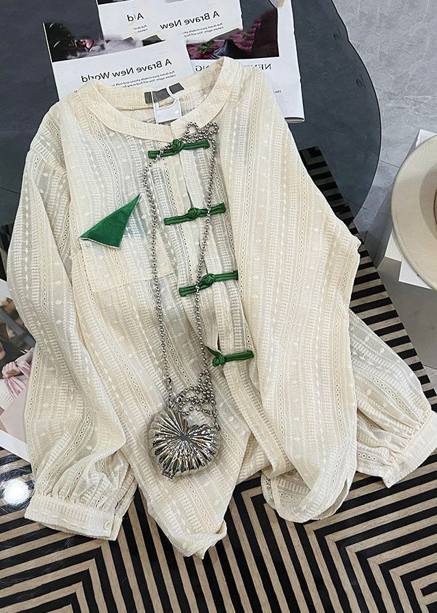 White Hollow Out Chinese Button Cotton Upf 50+ Shirt Tops Fall