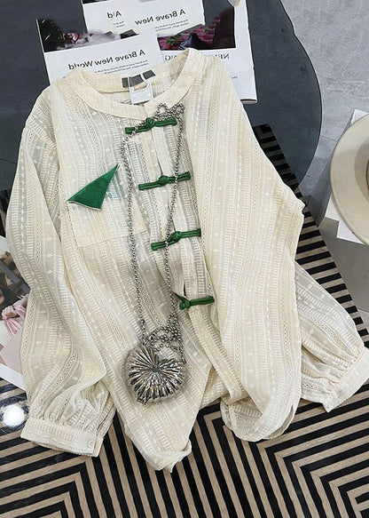White Hollow Out Chinese Button Cotton Upf 50+ Shirt Tops Fall