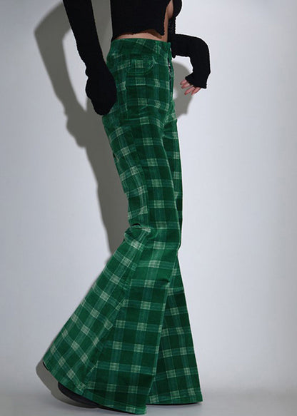 Green Plaid Pockets Corduroy Flare Bottoms Spring