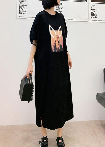 Unique Black O-neck Puff Sleeve Summer Character Long Dress
