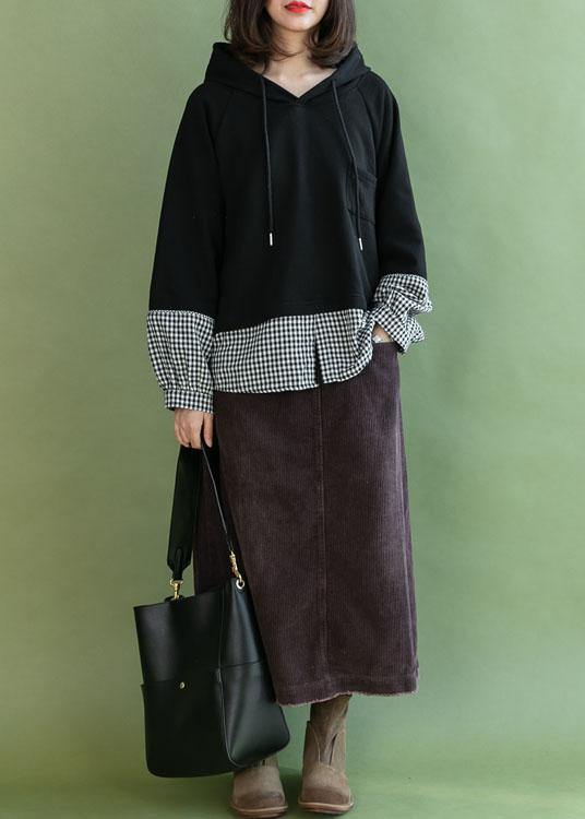 Stylish Black Patchwork Plaid Pockets Fall Loose Pullover Street Wear