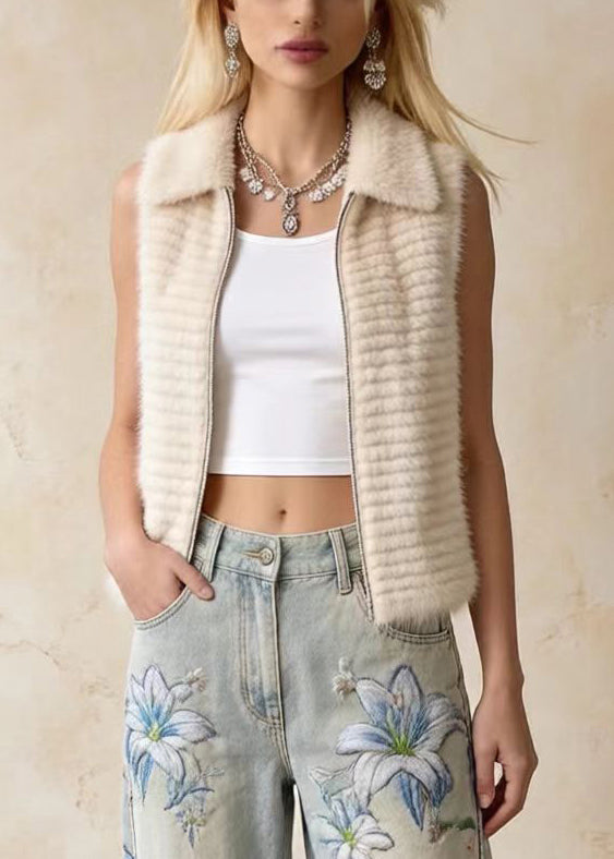 Khaki Peter Pan Collar Faux Mink Hair Vests Winter
