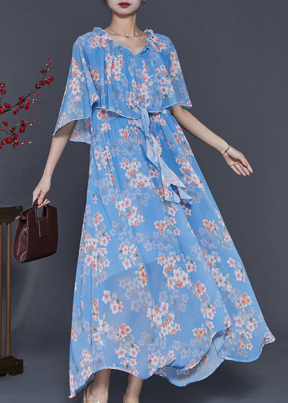 Blue Ruffled Print Chiffon Dresses Cloak Sleeves