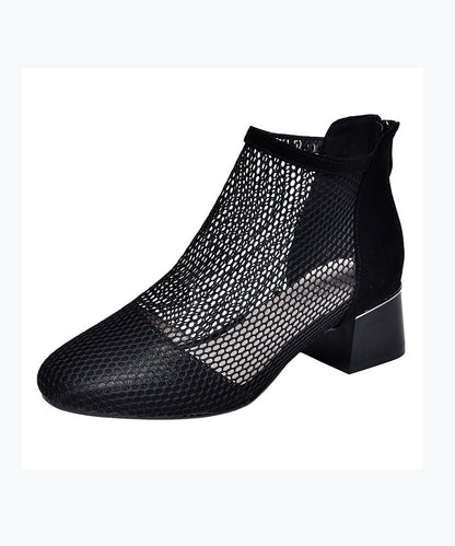 Black Boots Chunky Faux Leather Splicing Breathable Mesh