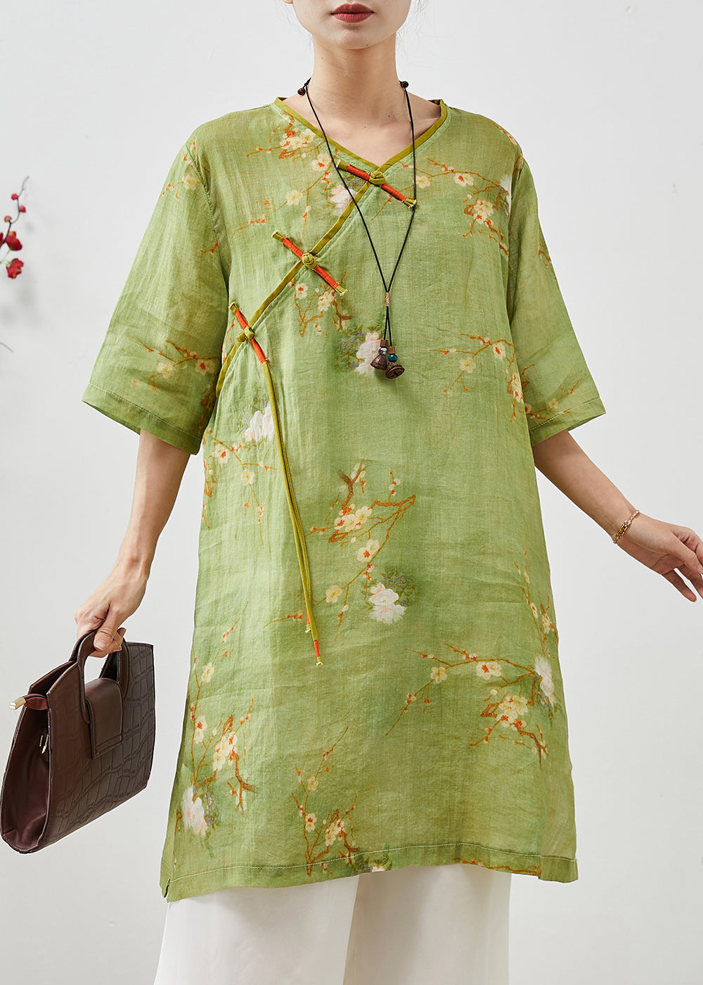 Green Tasseled Print Linen Oriental Dress Summer