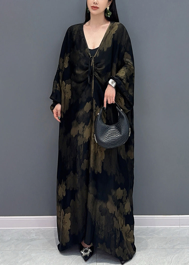 Black V Neck Print Holiday Maxi Dress Long Sleeve