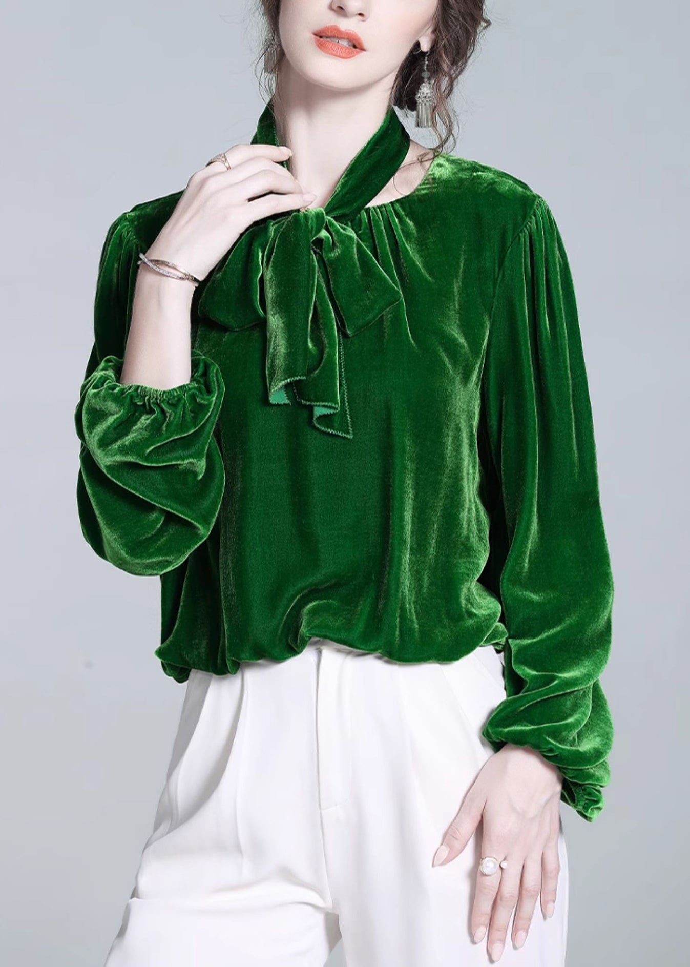 Green Bow Silk Velour Top Winter
