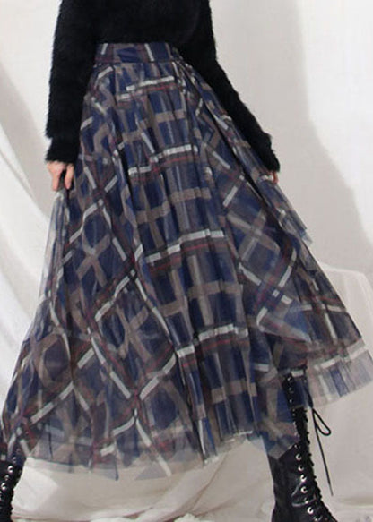 Art Blue Plaid Patchwork Tulle Cirlce Skirt Spring
