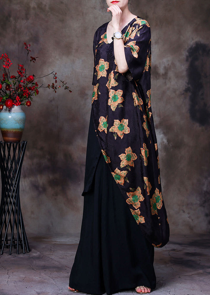 Art Yellow Print Asymmetrical Design Silk Top and Wide Leg Pants Two-piece Set Short Sleeve