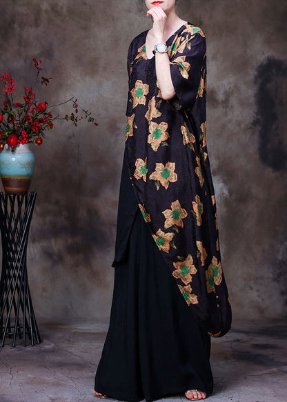 Art Yellow Print Asymmetrical Design Silk Top and Wide Leg Pants Two-piece Set Short Sleeve