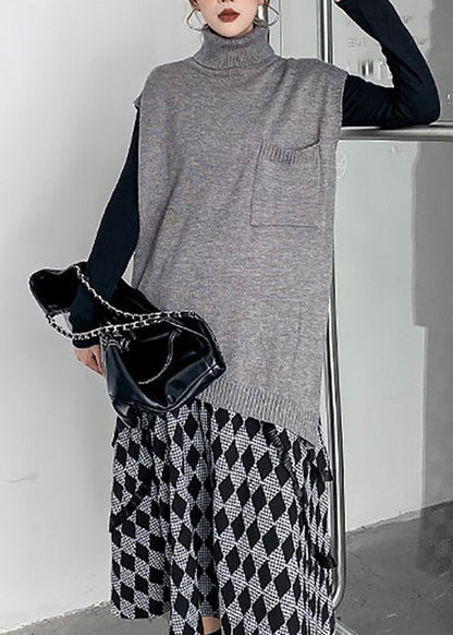 Grey Turtleneck Asymmetrical Thick Knit Waistcoat Spring