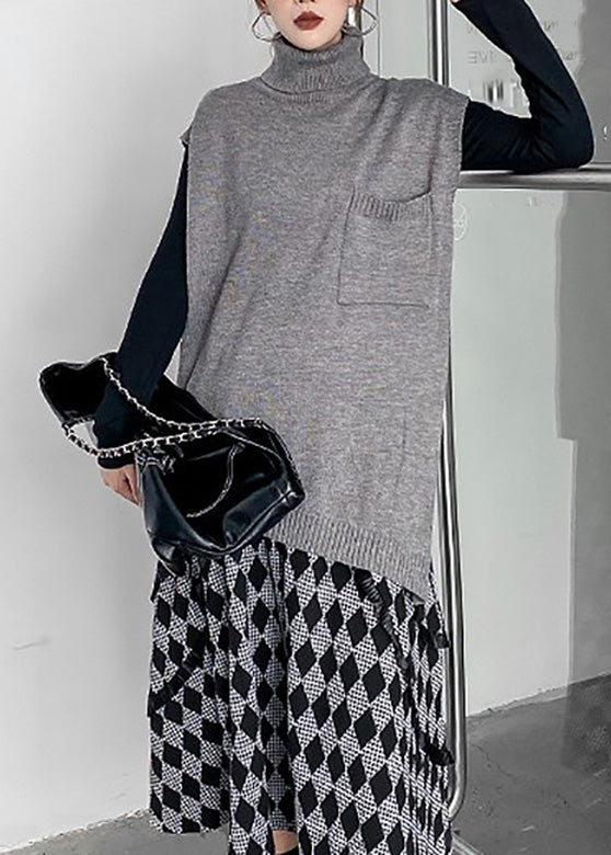 Grey Turtleneck Asymmetrical Thick Knit Waistcoat Spring