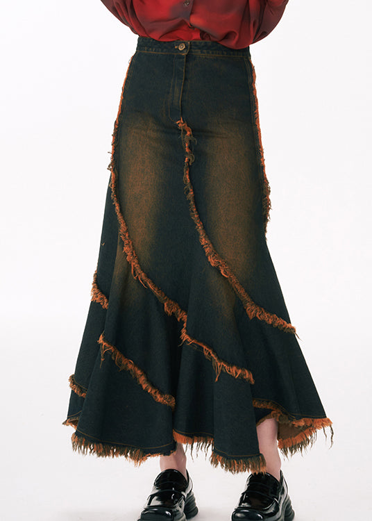 Slim Fit Blue Asymmetrical Tasseled Patchwork Denim Skirt Spring