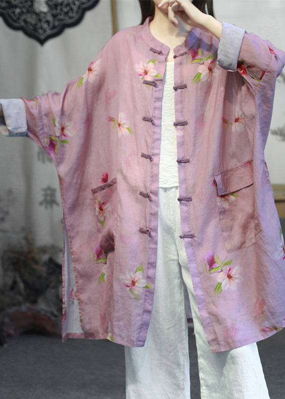 Diy Green Stand Collar Pockets Print Button Linen Coats Long Sleeve