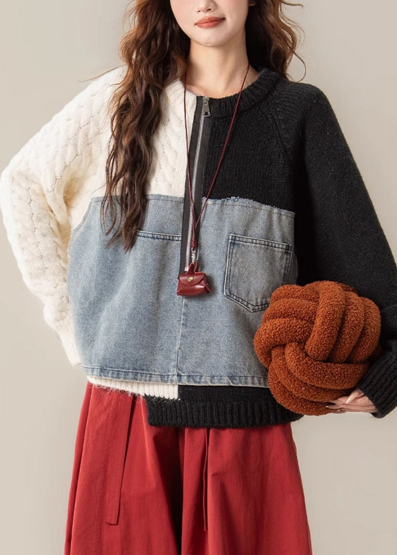Black Zip Up Denim Patchwork Knit Sweater Spring