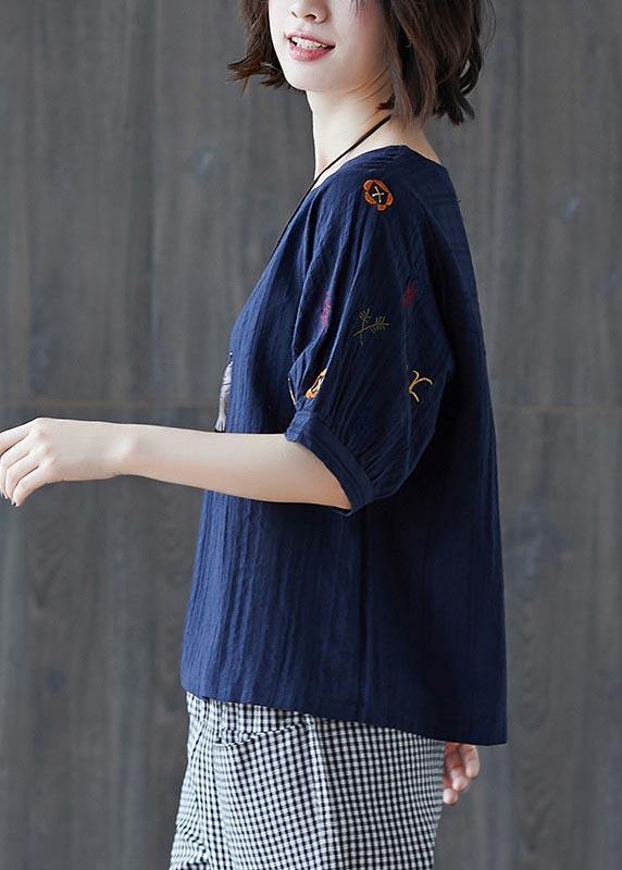 Navy Embroideried Cotton Linen T Shirts Summer