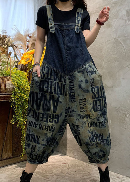 Blue Fine Graphic Denim Overalls Jumpsuit Spring