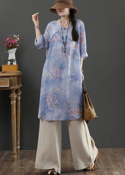 Style Purple Print Oriental Long Linen Shirt Top Summer