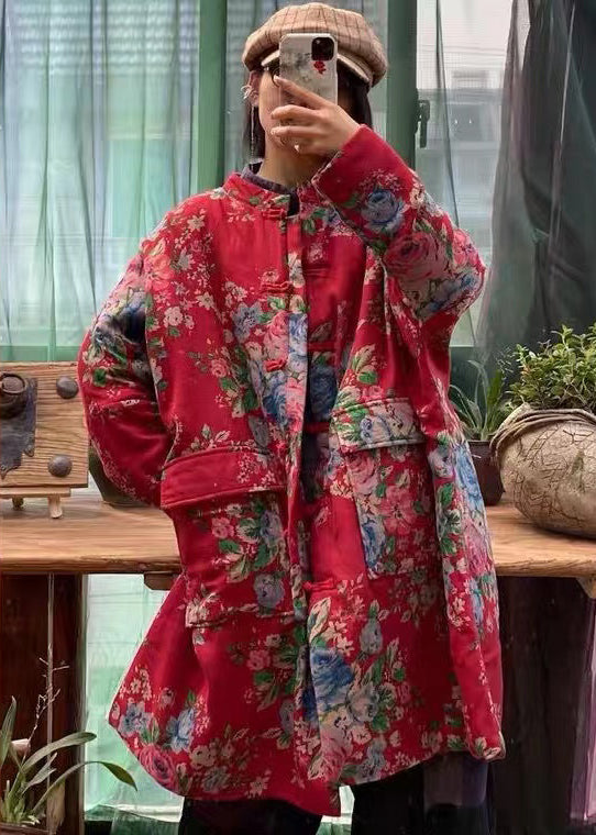 Original Design Red Print Pockets Fine Cotton Filled Coat Winter