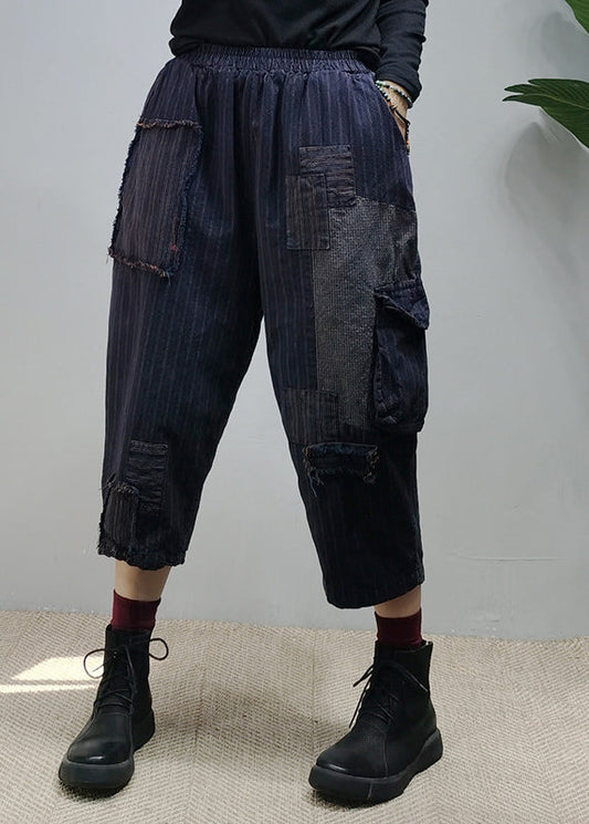 Navy Elastic Waist Pockets Patchwork Pants Spring