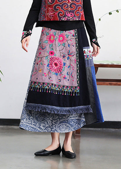 Retro Embroideried Pockets Elastic Waist Cotton a Line Skirt Fall