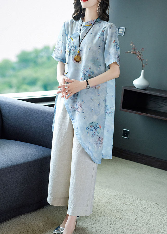 Light Blue Mandarin Collar Asymmetrical Design Print Linen Tops and Pants 2 Piece Outfit Summer