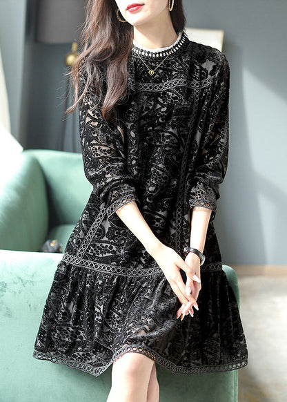 Black O-neck Crochet Velour Pleated Dresses Long Sleeve
