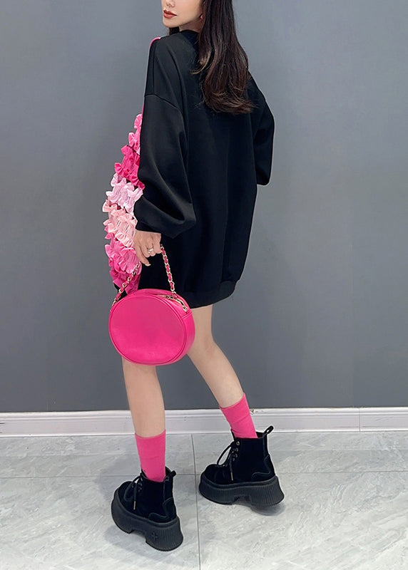 Black O Neck Ruffled Butterfly Cotton Sweatshirt Fall