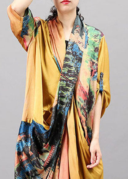 Yellow Print Bat Wing Sleeve Fall Dresses