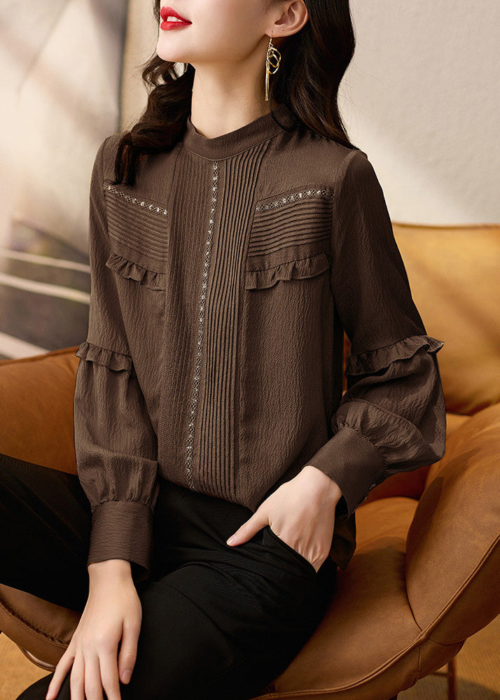 Chocolate Ruffled Patchwork Silk Shirt Tops Spring