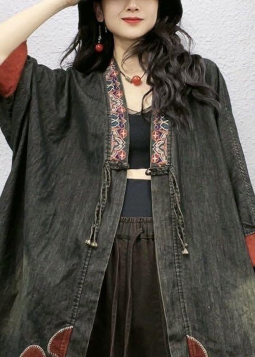 Black Embroidered Button Cotton Coat Bracelet Sleeve