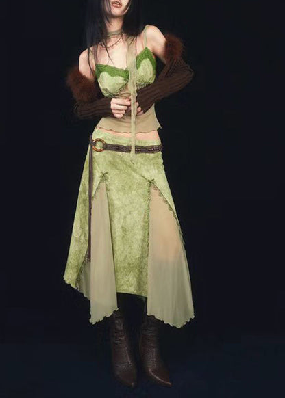Green Tie Dyed Suspender Top and Skirt Two Piece Set Summer