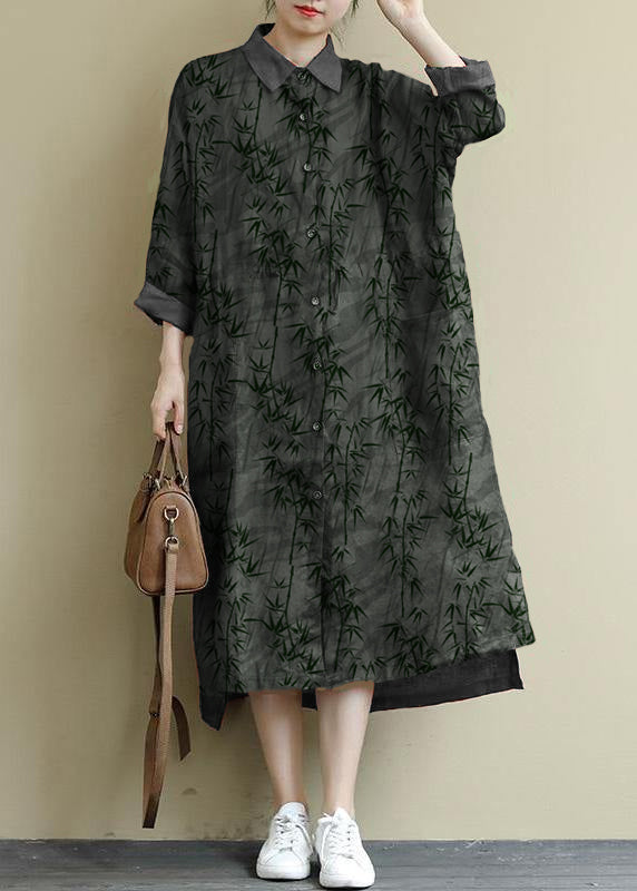 Green Flower Linen Shirt Dress Oversize Spring Maxi Dresses