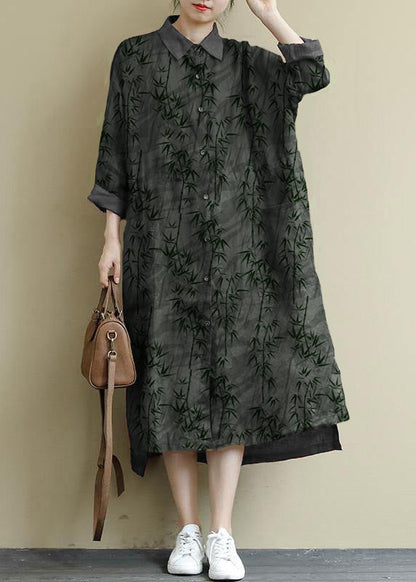 Green Flower Linen Shirt Dress Oversize Spring Maxi Dresses
