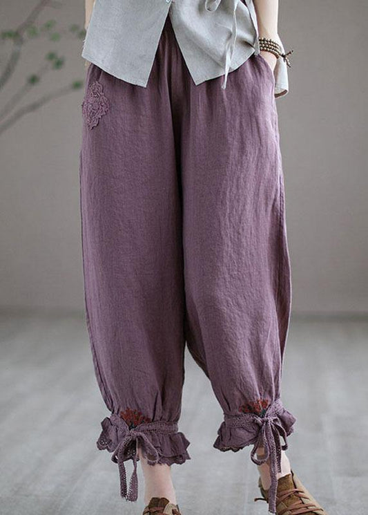 Diy Purple Embroideried Summer Harem Linen Pants
