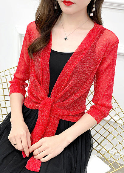 New Red Lace Up Tulle Cardigan Half Sleeve