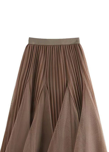 Brown Wrinkled Elastic Waist Tulle Skirts Spring
