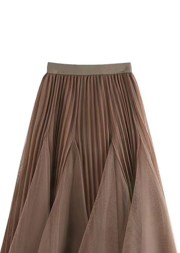 Brown Wrinkled Elastic Waist Tulle Skirts Spring
