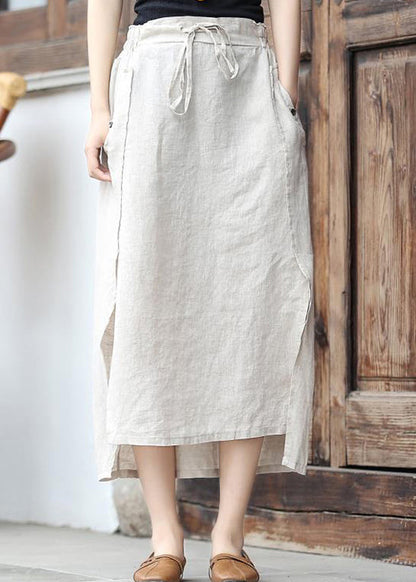 Brown Elastic Waist Tie Waist Asymmetrical Pockets Linen Skirt Spring