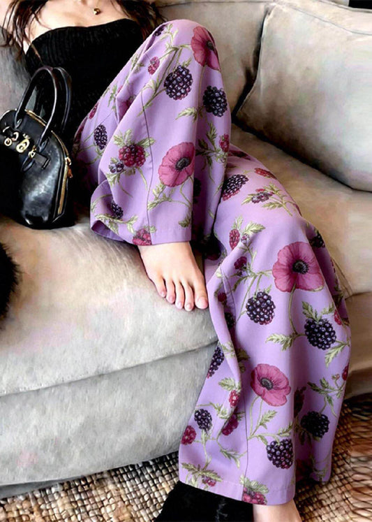 Fine Purple Print Wide Leg Pants Summer