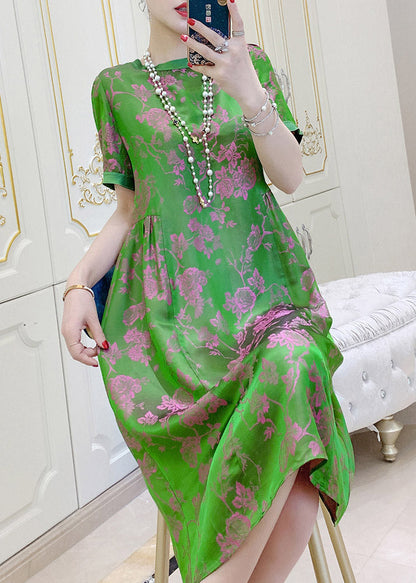 Blackish Green O-neck Print Wrinkled Silk Dresses Short Sleeve