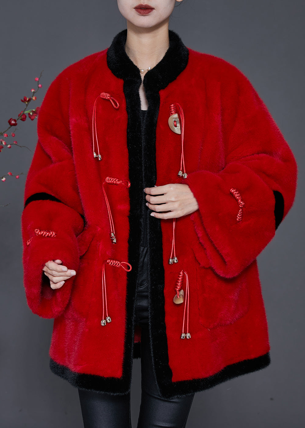 Red Tasseled Patchwork Mink Velvet Coats Spring