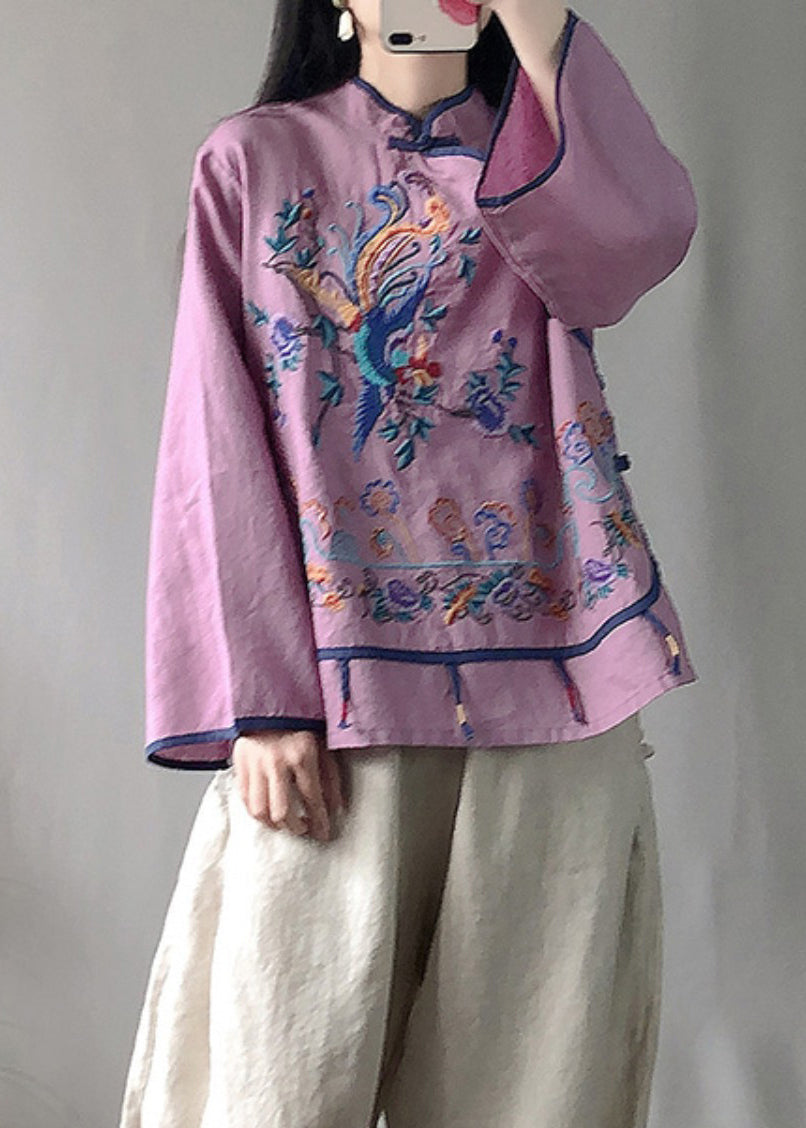 Classy Purple Stand Collar Embroideried Linen Top Long Sleeve