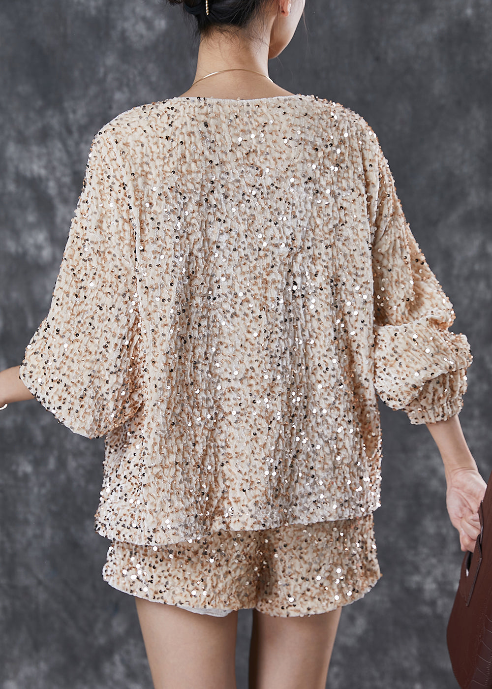 Handmade Khaki O-neck Sequins Silk Velour Two-piece Set Spring